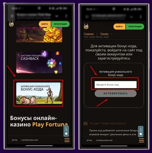 Применение промокода в Play Fortuna Casino